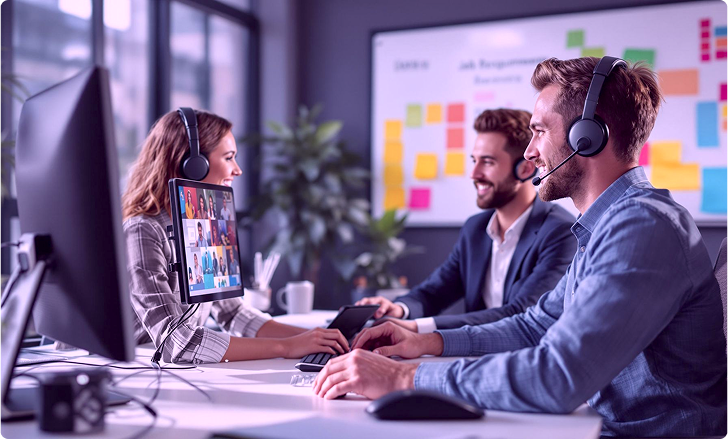 Three professionals on headsets collaborating via video call, representing expert referrals and candidate evaluations