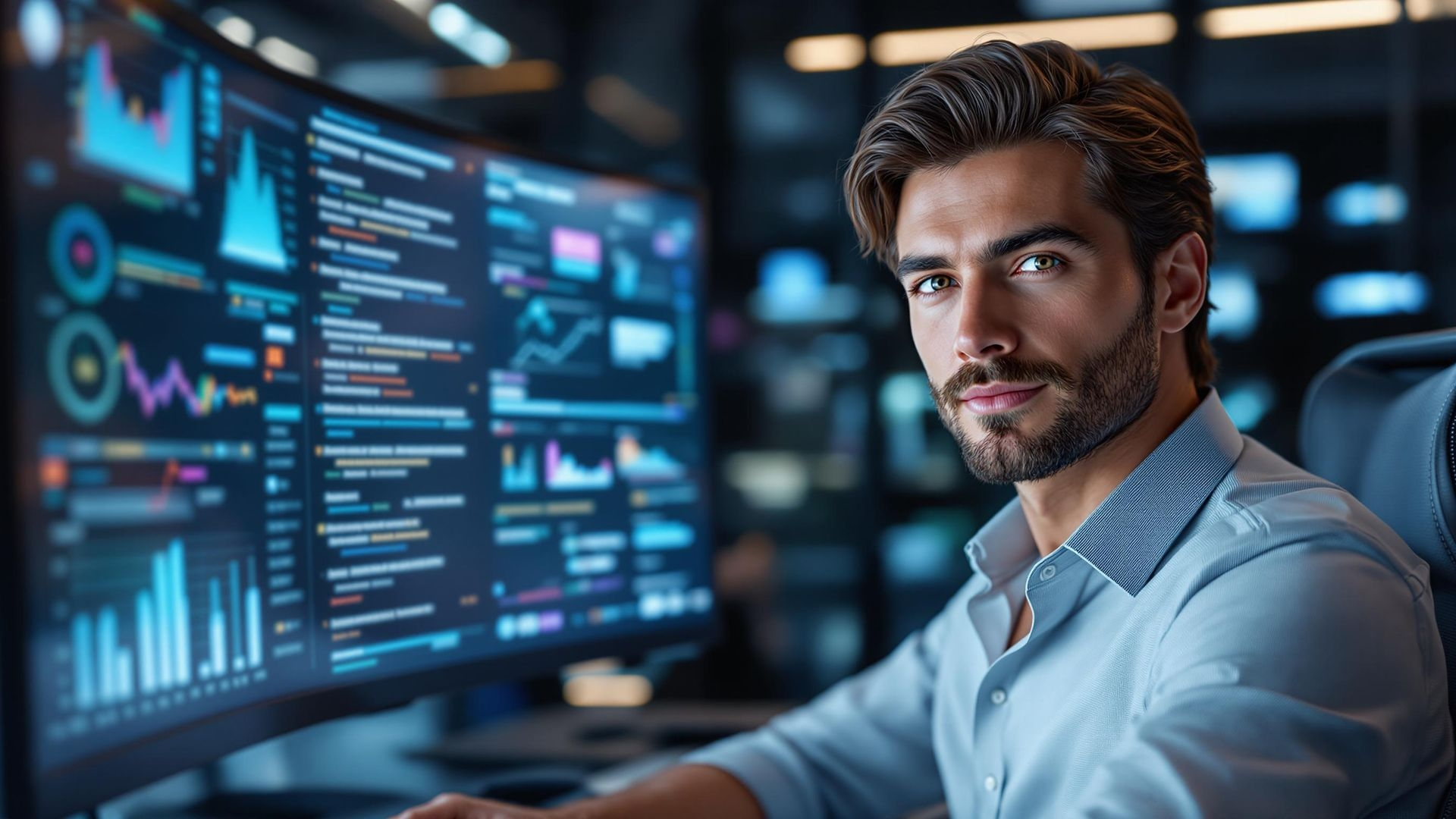 Professional generating and analyzing sourcing dashboards in a modern office, representing LEVI—Octopyd’s AI sourcing assistant